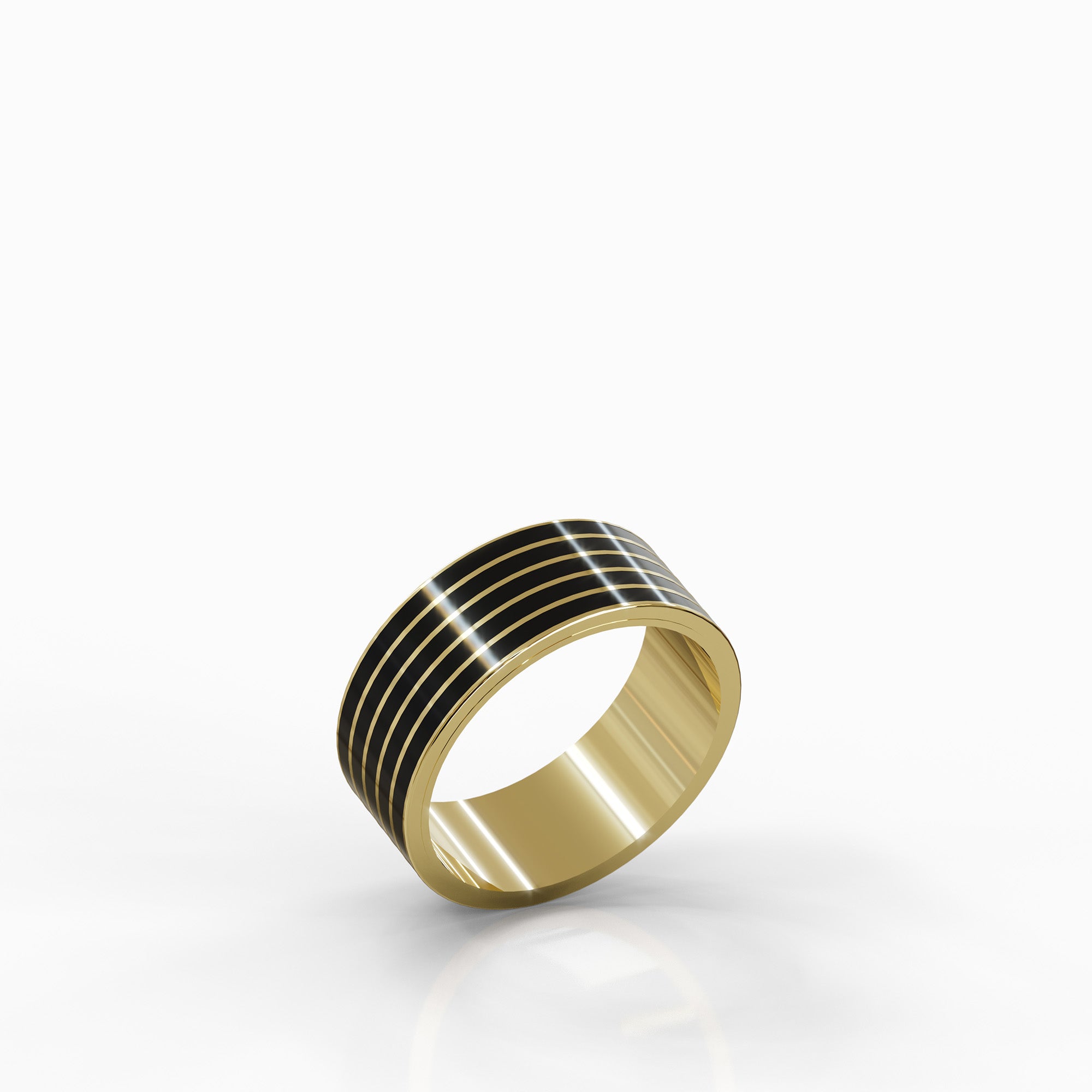 טבעת Alpha מזהב 14 קראט בעיצוב יוניסקס מודרני עם פסי אמייל שחור דקים וסימטריים