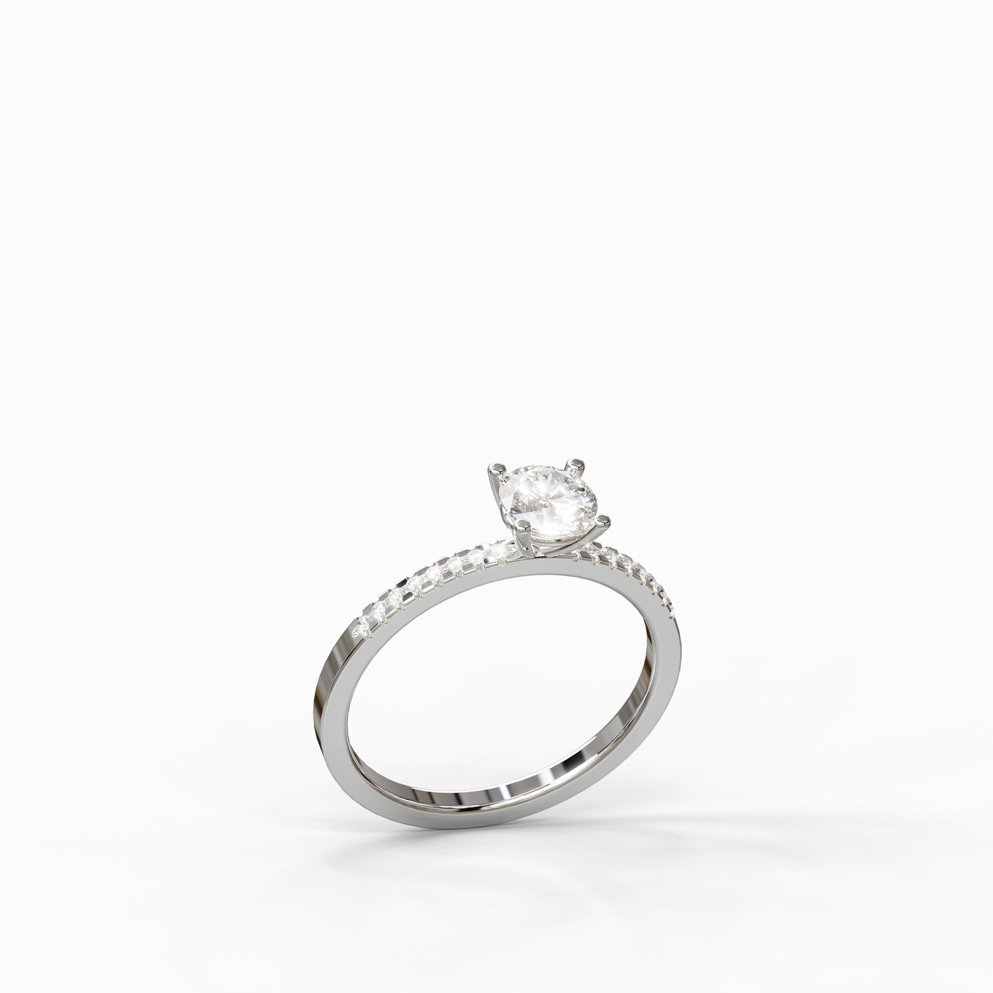 טבעת Amber זהב לבן 14 קראט עם יהלום מרכזי ויהלומים בצידי הטבעת