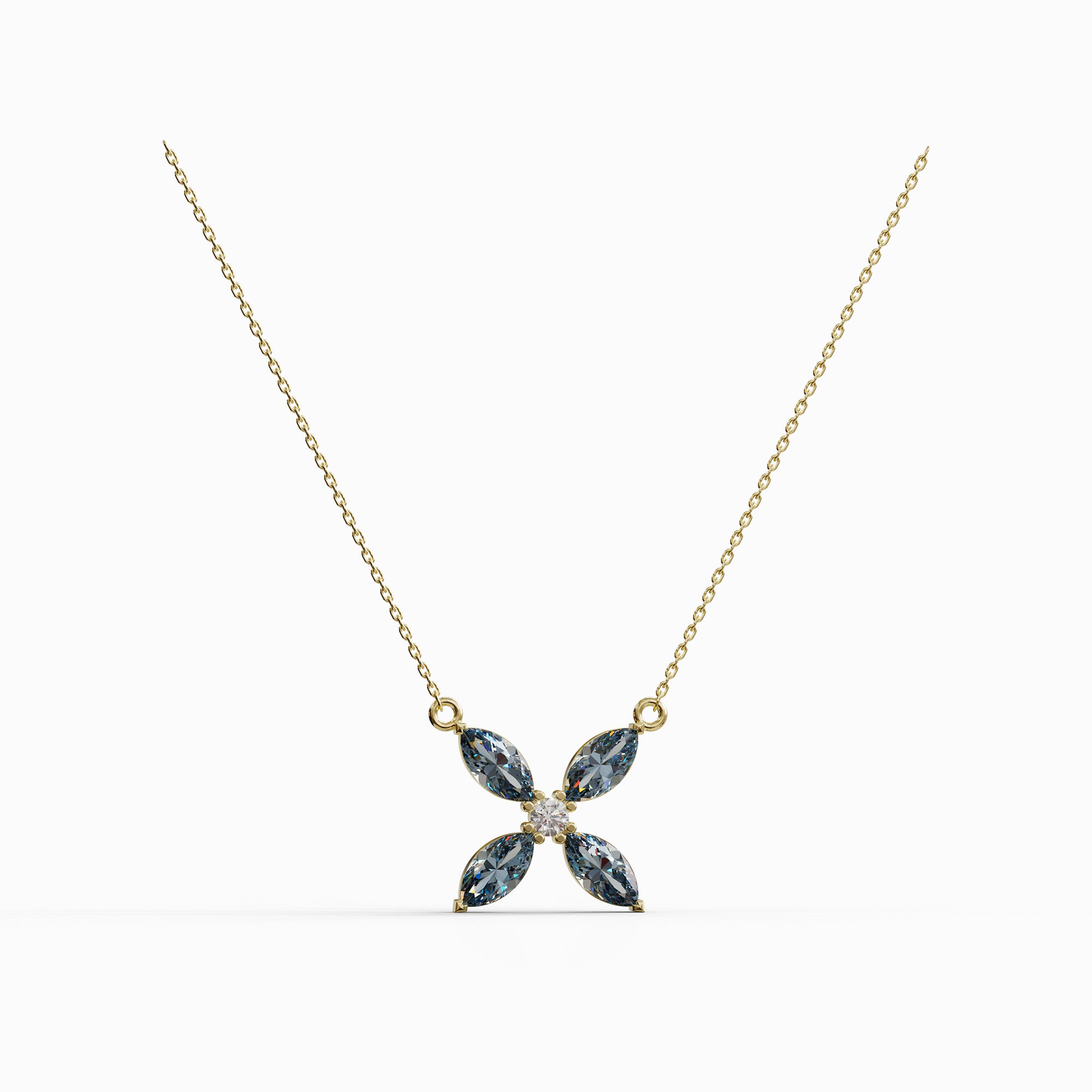 שרשרת בלו טופז ויהלום דגם מרקיזה מזהב צהוב – תליון פרח יוקרתי המעניק מראה אצילי, הרמוני ומלא בסטייל