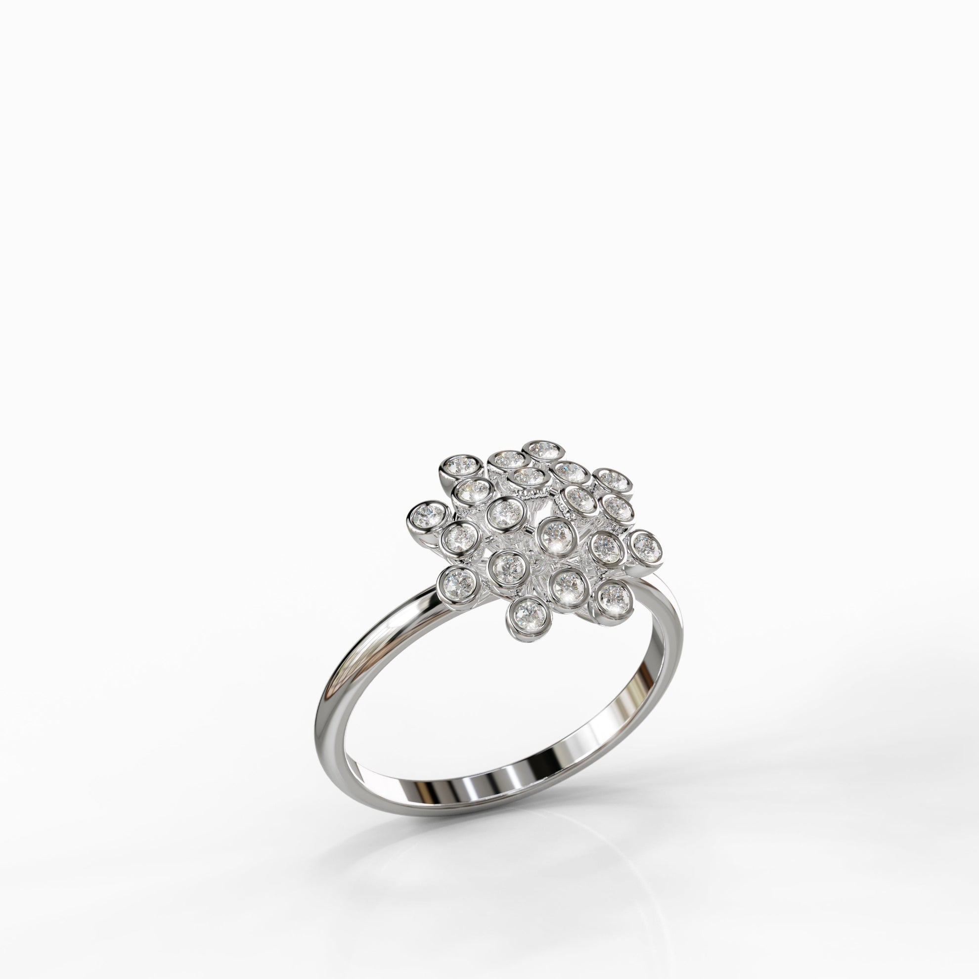 טבעת Bouquet מזהב לבן 14 קראט בעיצוב פרח אמנותי המשובץ ב-20 יהלומים טבעיים 