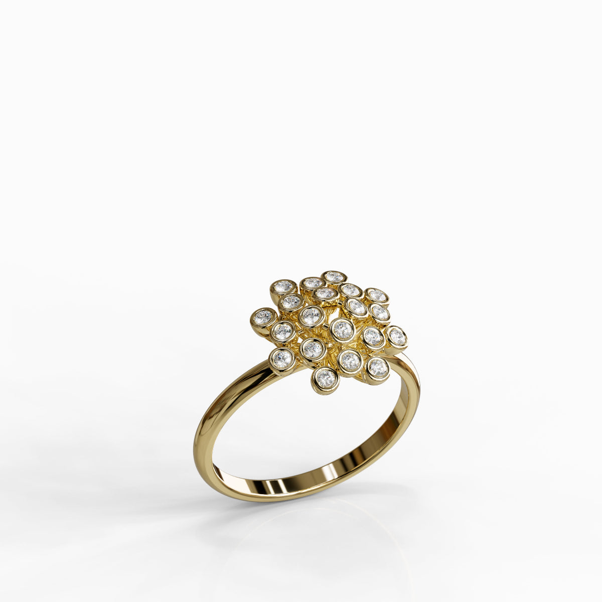 טבעת יהלומים דגם Bouquet מזהב צהוב - עיצוב נשי ויוקרתי המדמה זר פרחים נוצץ בעבודה יד