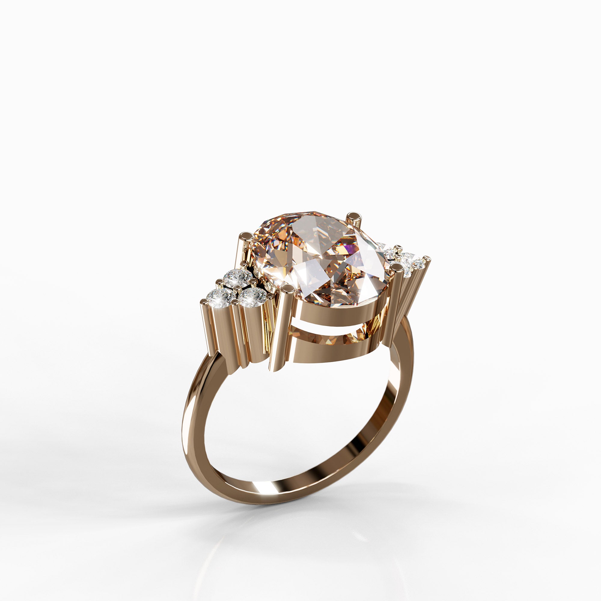 טבעת Eva מזהב אדום בשיבוץ אבן מורגנייט ורודה ויהלומי צד