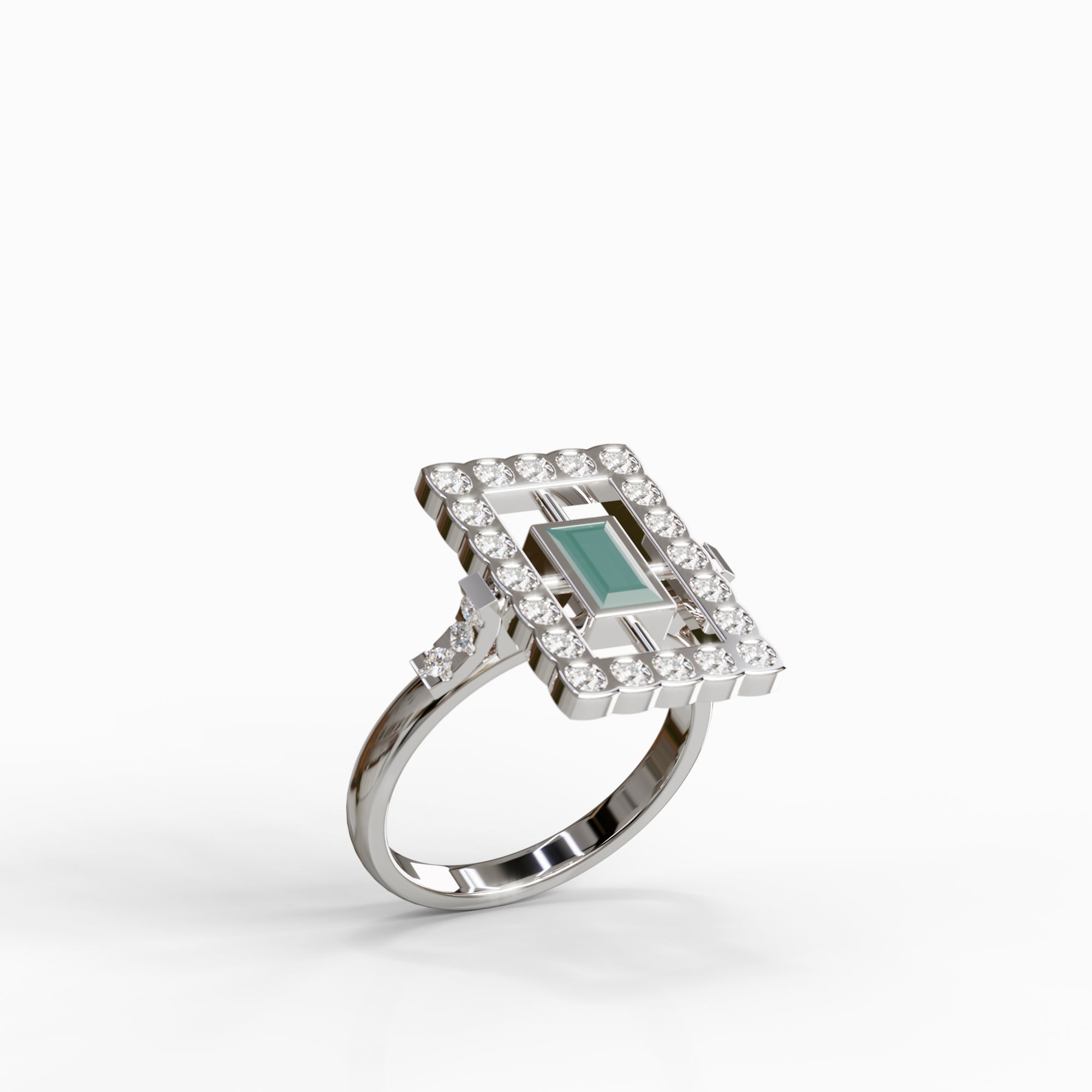 טבעת Hadar מזהב לבן 14 קראט בשיבוץ אבן אקוואמרין מרכזית ו-26 יהלומים טבעיים מסביב