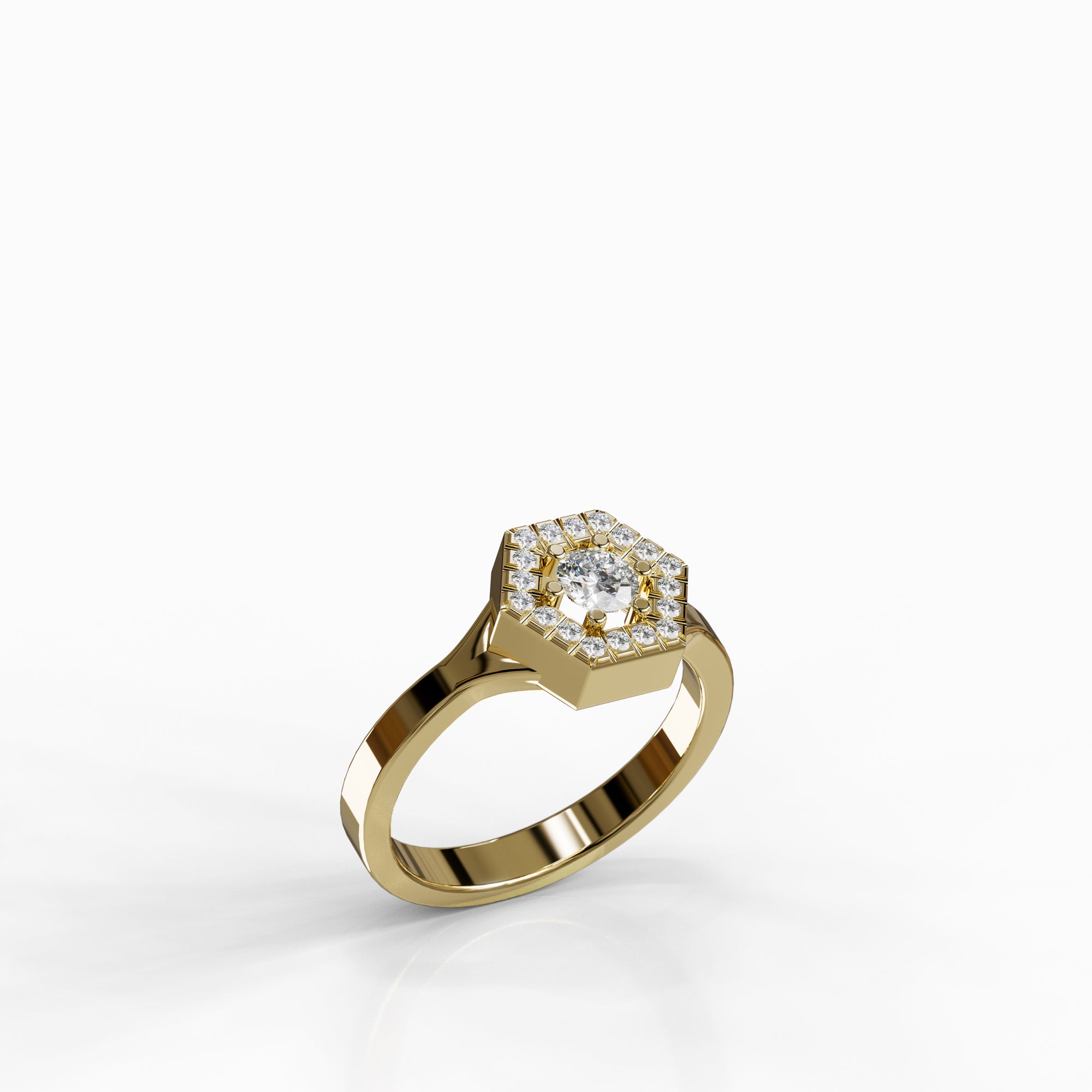 טבעת Lian מזהב צהוב 14 קראט בעיצוב משושה מודרני בשיבוץ יהלום מרכזי ו-18 יהלומים מסביב