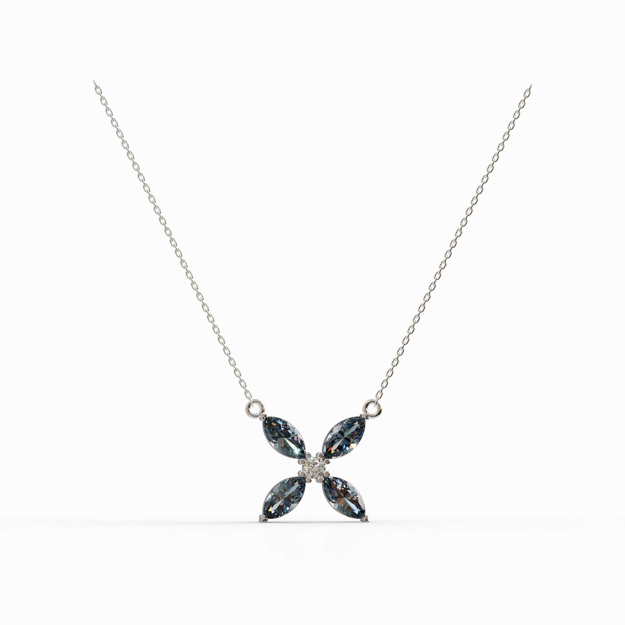 שרשרת Marquise Blue Topaz מזהב לבן 14 קראט בעיצוב פרח עם ארבע אבני בלו טופז כחולות ויהלום טבעי במרכז