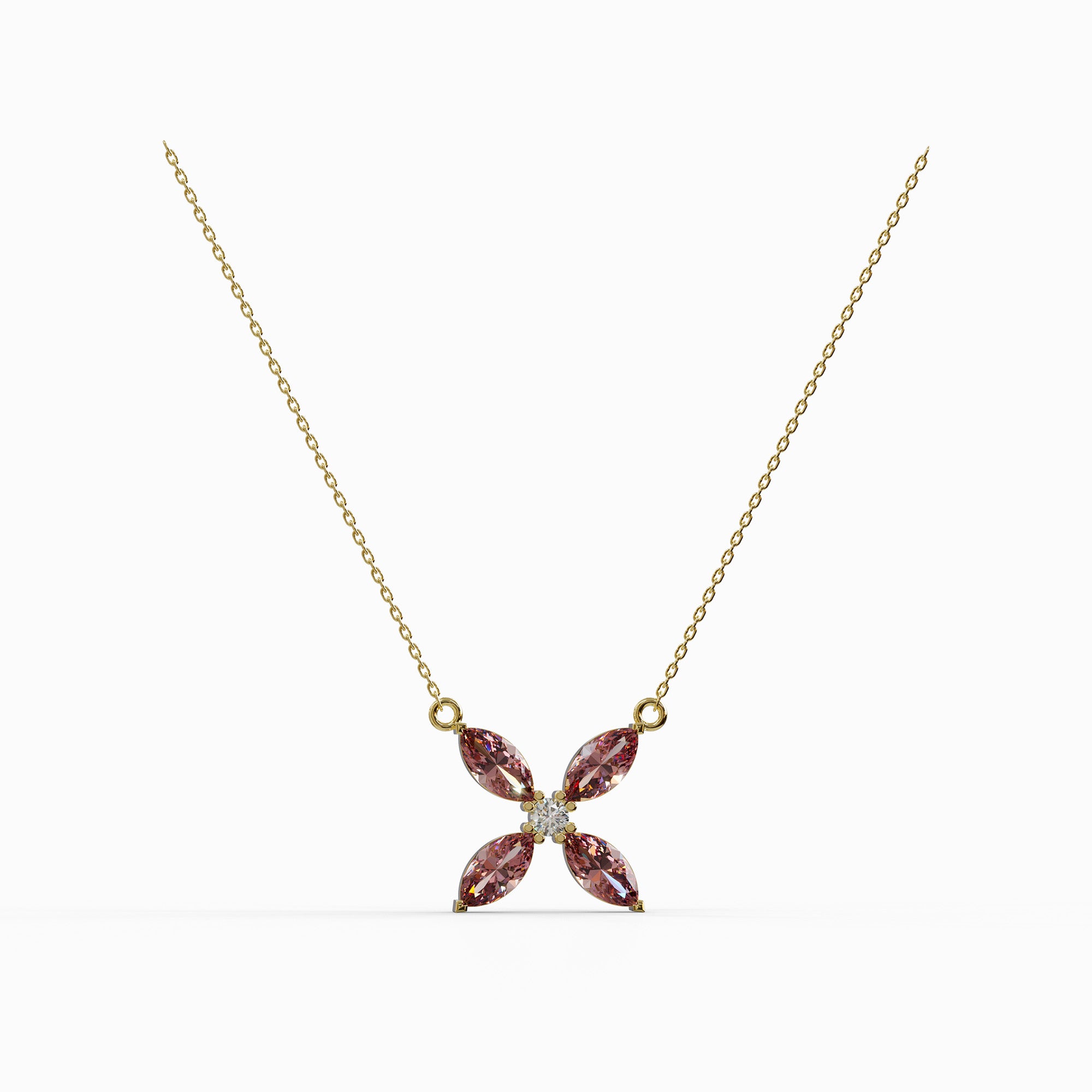 שרשרת Marquise Rubi מזהב צהוב 14 קראט בעיצוב פרח עם ארבע אבני רובי אדומות ויהלום טבעי במרכז