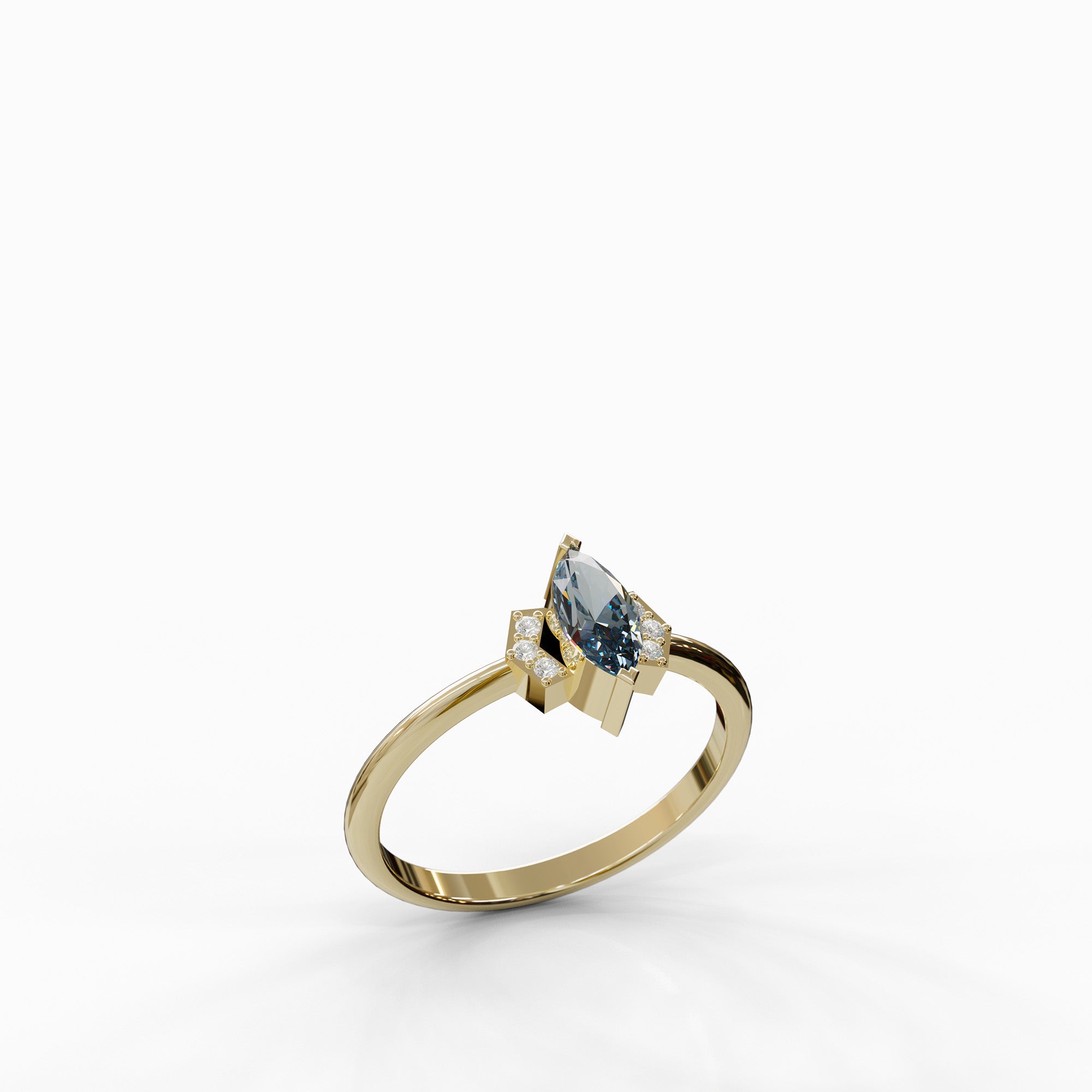 טבעת זהב צהוב דגם Noa עם אבן חן כחולה (בלו טופז) ויהלומים – שילוב יוקרתי ומודרני של צבע וברק