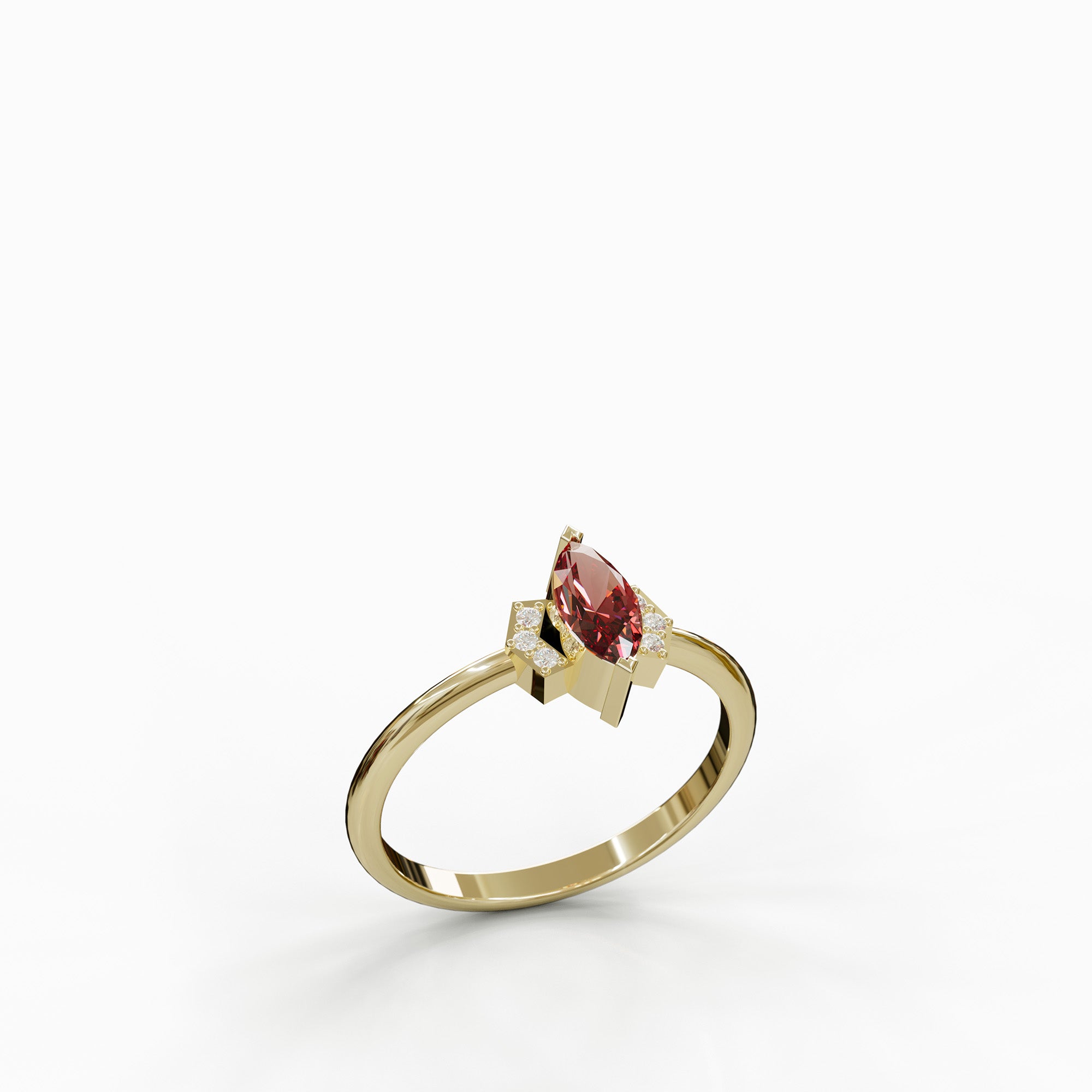 טבעת Noa מזהב צהוב 14 קראט בשיבוץ אבן רובי אדומה בחיתוך מרקיזה ויהלומים טבעיים