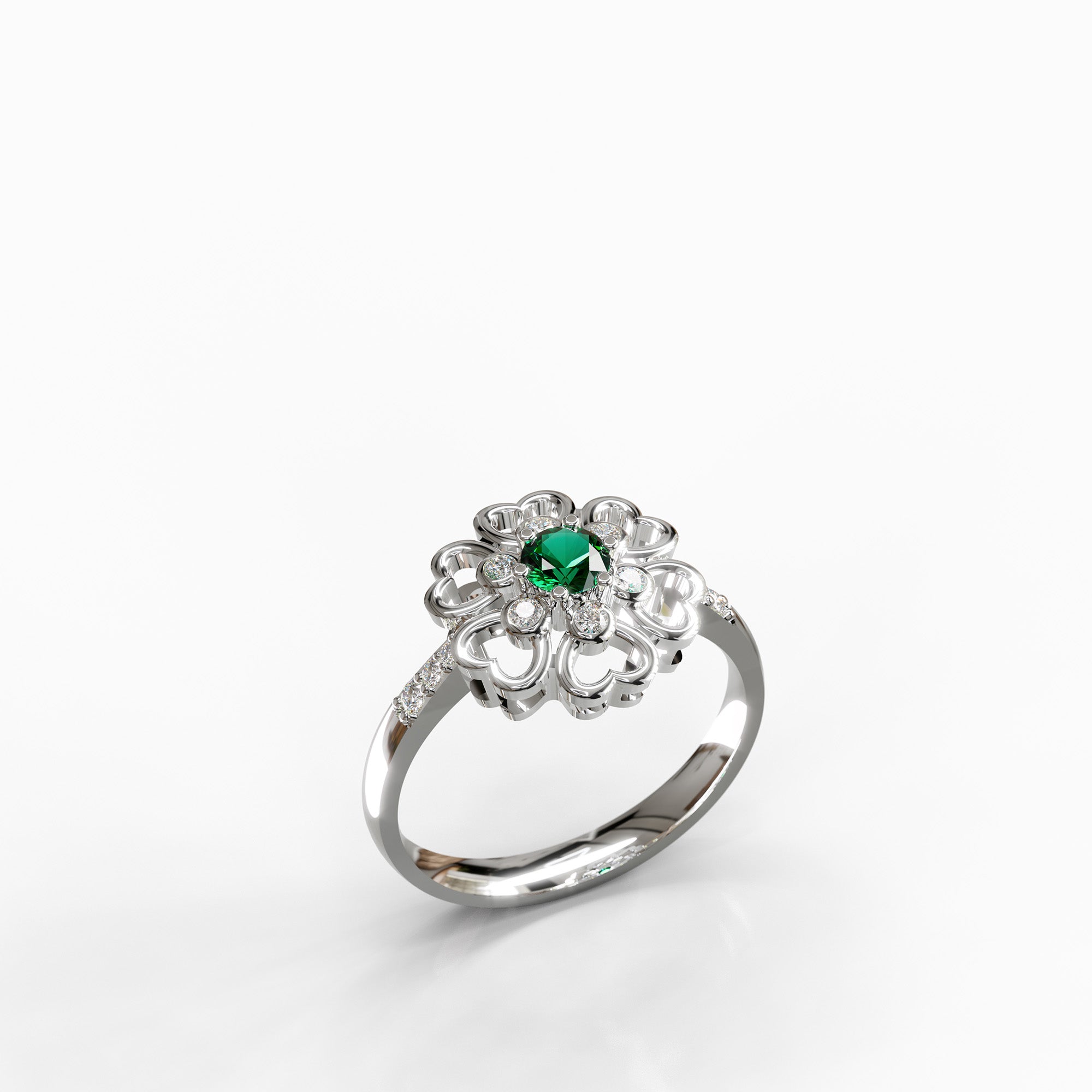 טבעת אמרלד ויהלומים דגם Paris מזהב לבן בעיצוב יוקרתי