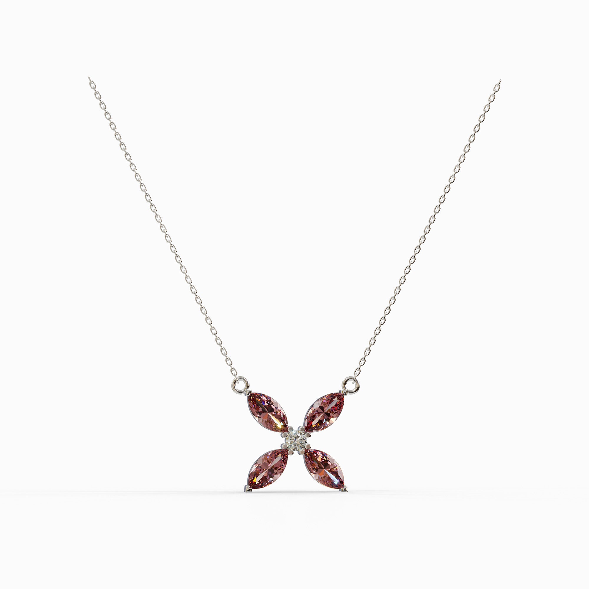 שרשרת רובי ויהלום דגם מרקיזה מזהב לבן - תליון פרח יוקרתי המשלב צבעוניות עזה ואלגנטיות קלאסית