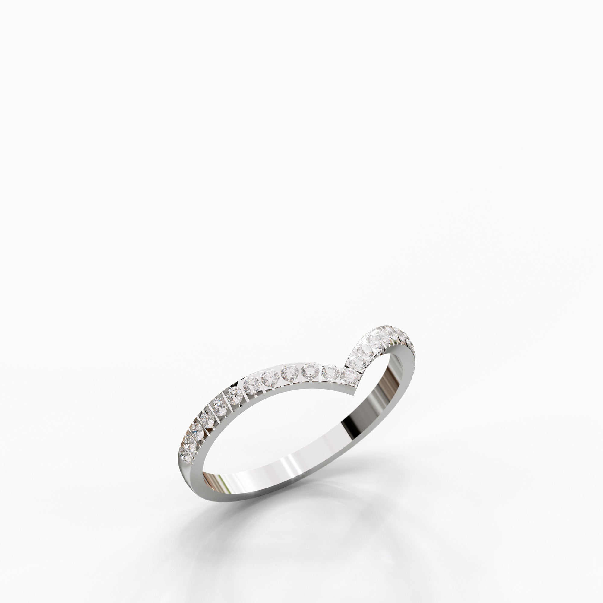 טבעת V זהב לבן 14 קראט משובצת יהלומים בעבודת יד