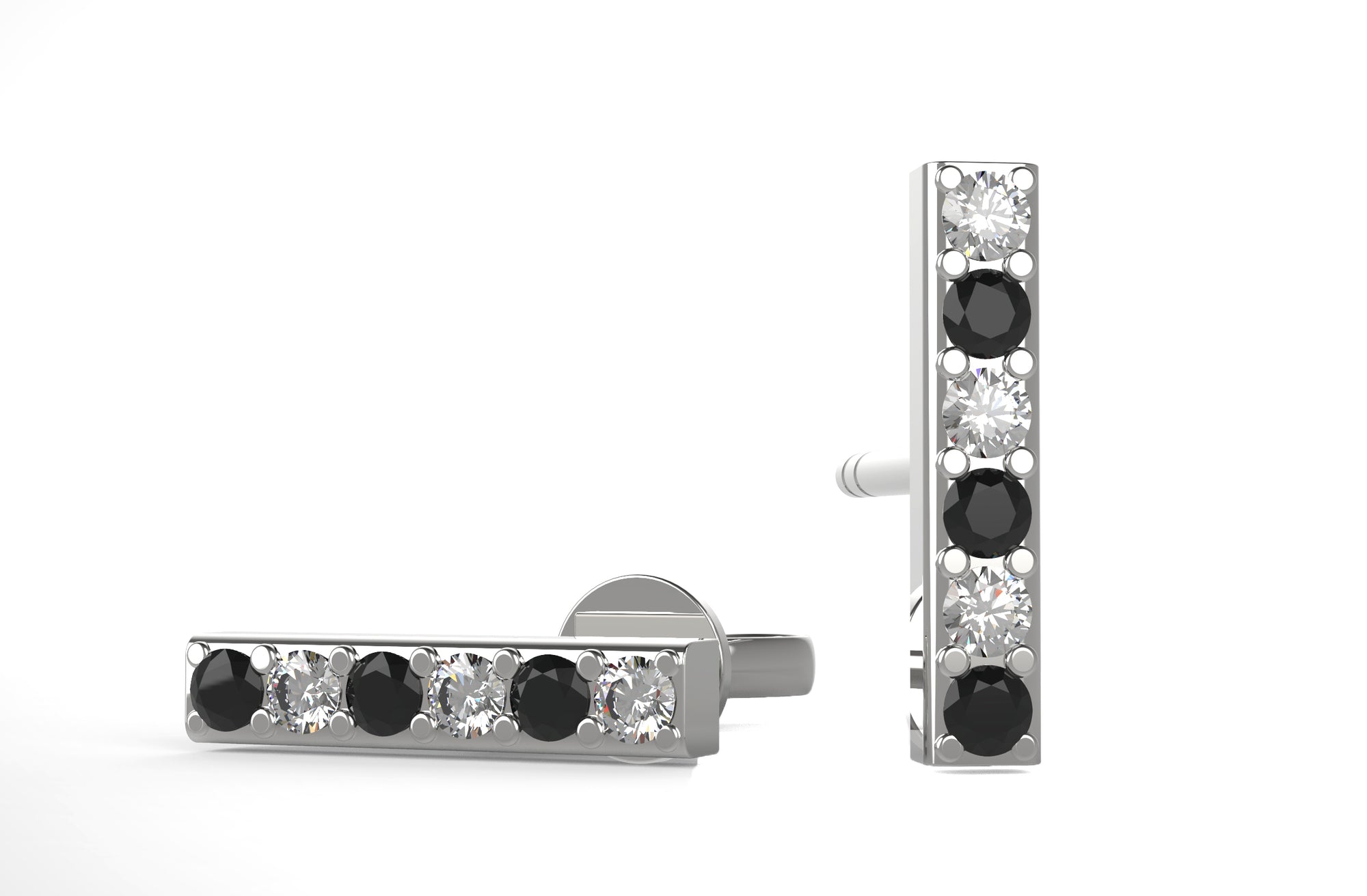 עגילי טורי זהב לבן 14 קראט עם יהלומים שחורים בעיצוב מודרני